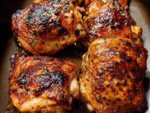 Close-up of perfectly cooked Air Fryer Chicken Thighs, extra juicy with a golden-brown, crispy skin and sprinkled with herbs.