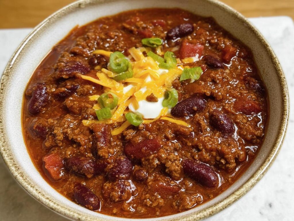 A hearty bowl of amazing chili, a perfect crowd pleasing dinner for kids, topped with cheese, sour cream, and green onions.