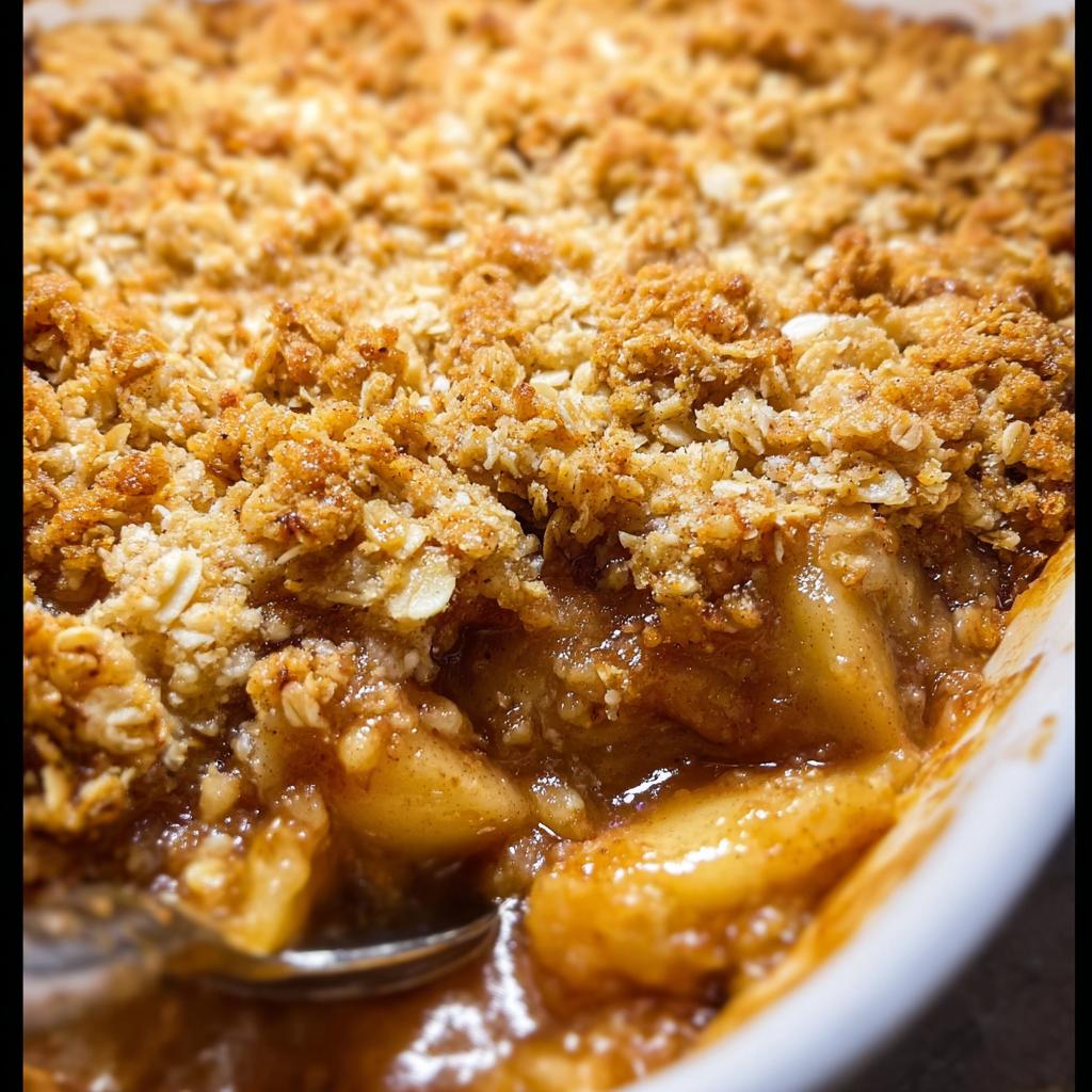 A close-up of a baked Apple Crisp With Warm Spices, showing tender baked apples under a golden, crumbly oat topping.
