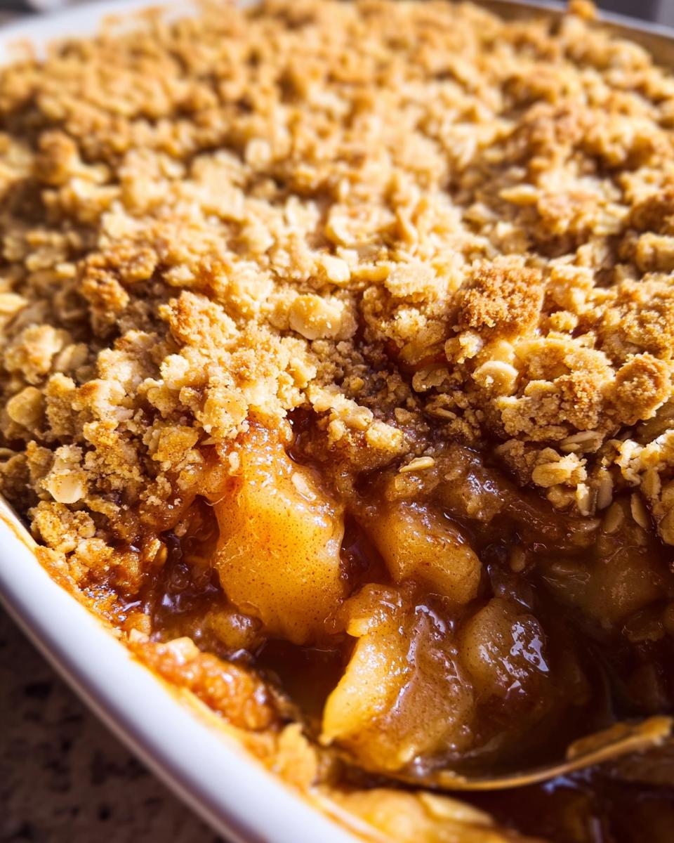 Close-up of a freshly baked Apple Crisp With Warm Spices, showing tender baked apples and a golden, crumbly topping.