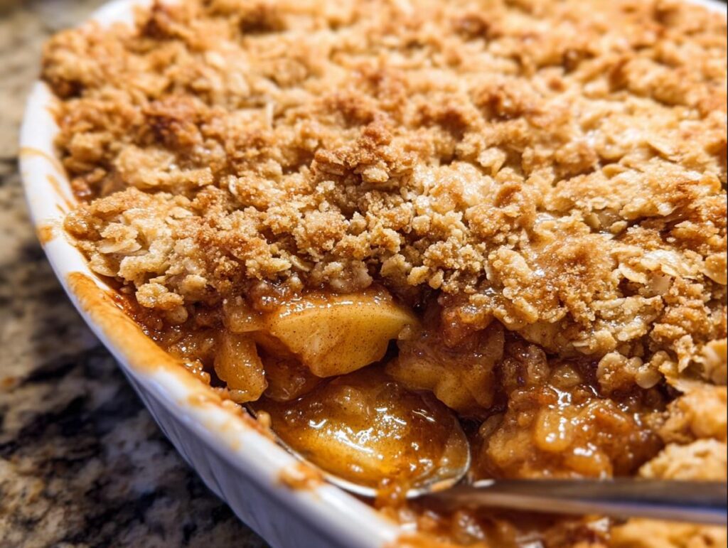 Close-up of a bubbling Apple Crisp With Warm Spices in a white baking dish, showing tender apples and a golden crumb topping.