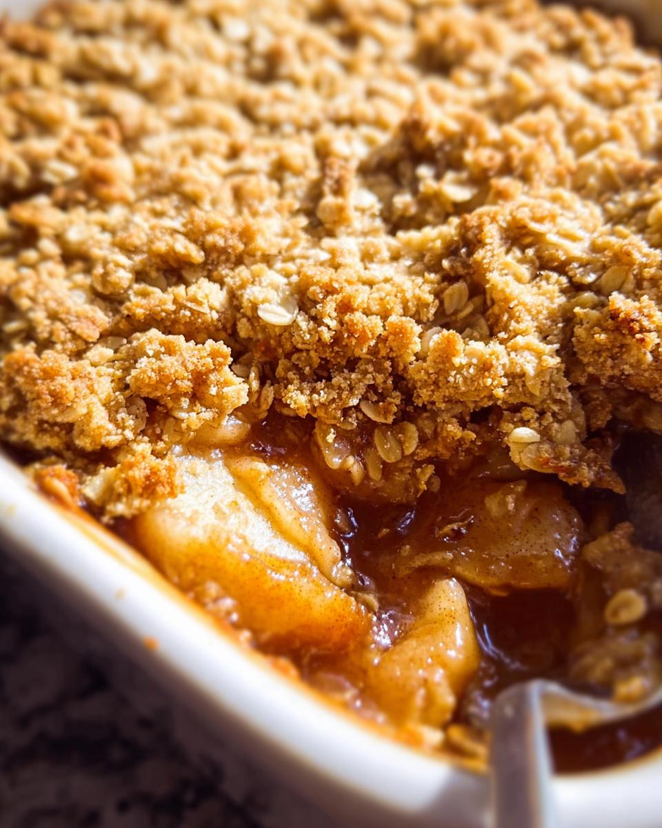 Close-up of a serving spoon digging into a warm Apple Crisp With Warm Spices, showing tender apples and a crunchy oat topping.