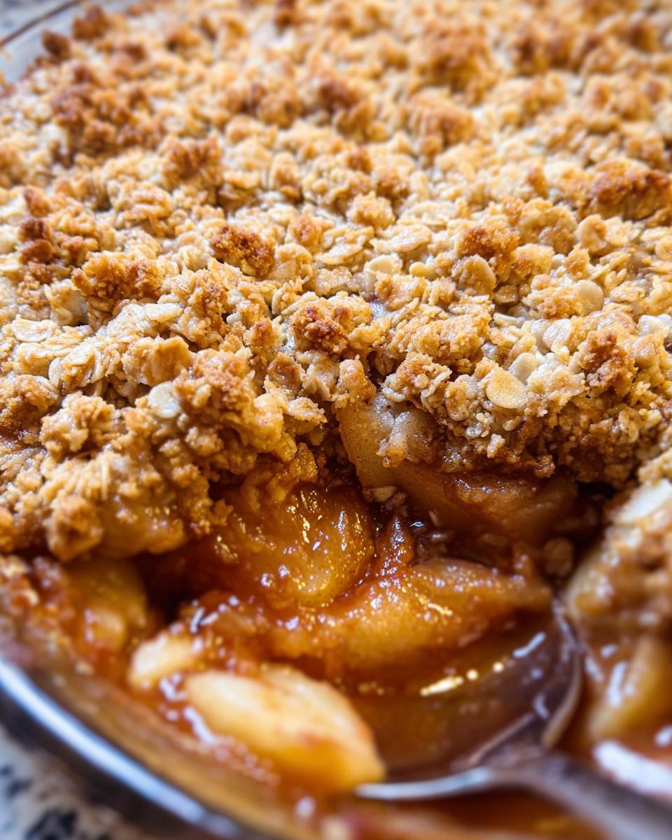 Close-up of a serving spoon scooping into a bubbling Apple Crisp With Warm Spices, showing tender apples and a golden streusel topping.