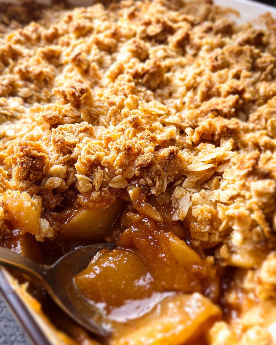 Close-up of a spoonful of warm Apple Crisp With Warm Spices, showing tender apples and a crunchy topping.