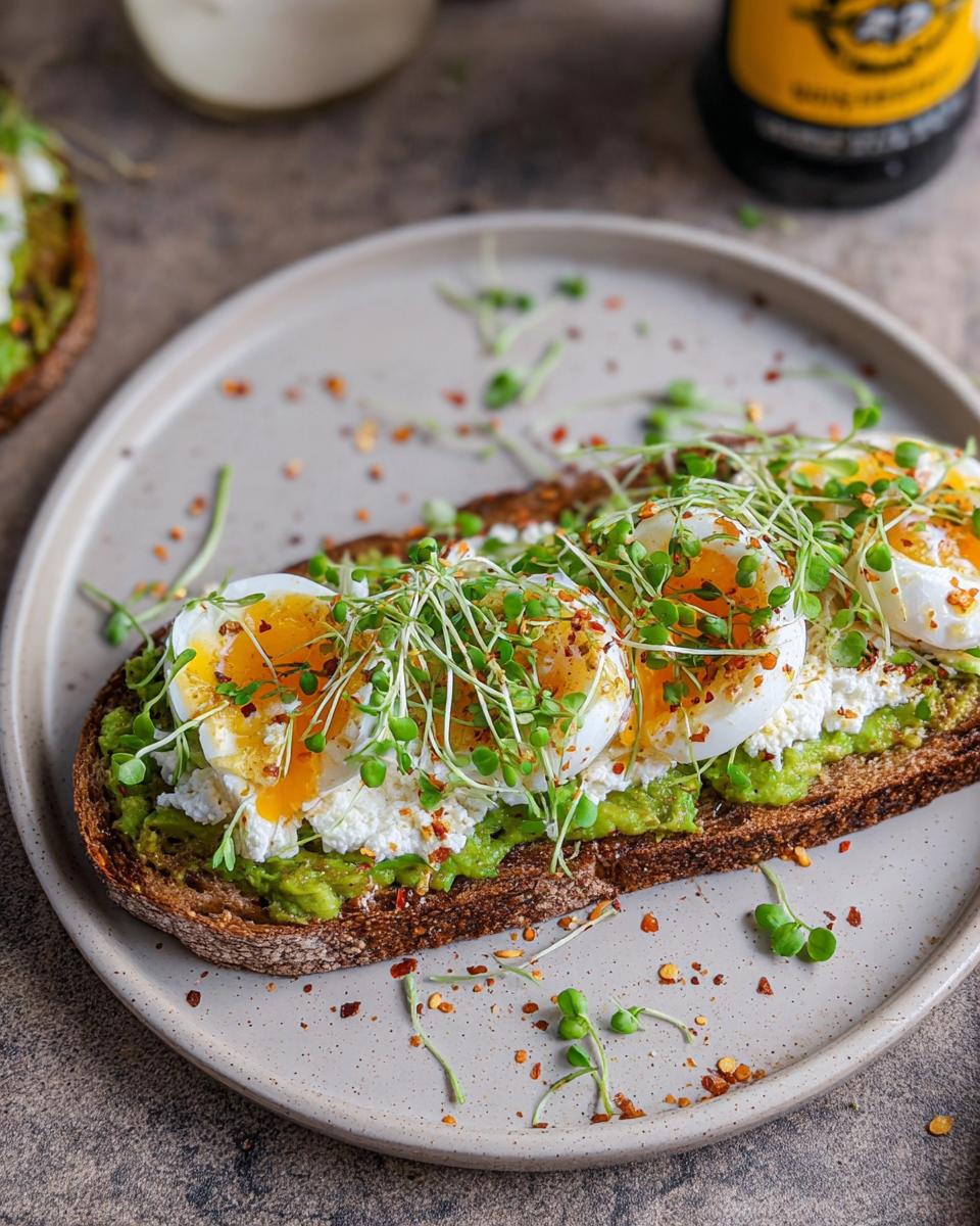 Close-up of Avocado Toast With Protein Boost topped with creamy avocado, cottage cheese, and poached eggs, garnished with sprouts and chili flakes.
