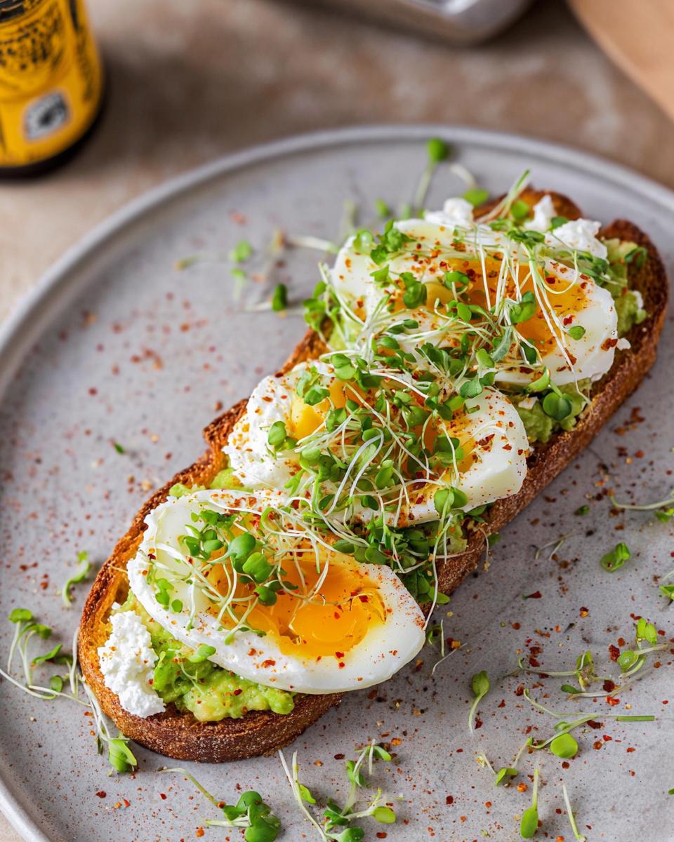 Close-up of Avocado Toast With Protein Boost topped with sliced poached eggs, microgreens, and crumbled cheese.