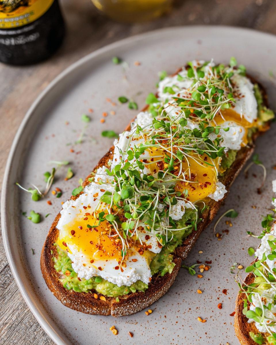 Close-up of Avocado Toast With Protein Boost topped with poached eggs, cheese, and sprouts.