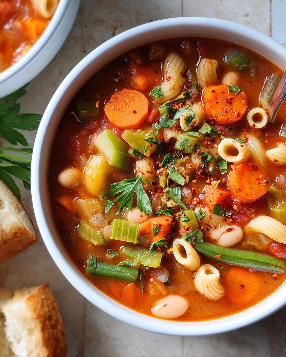 Close-up of a steaming bowl of hearty vegetable soup, featuring pasta, carrots, beans, and celery, perfect for budget friendly dinners.
