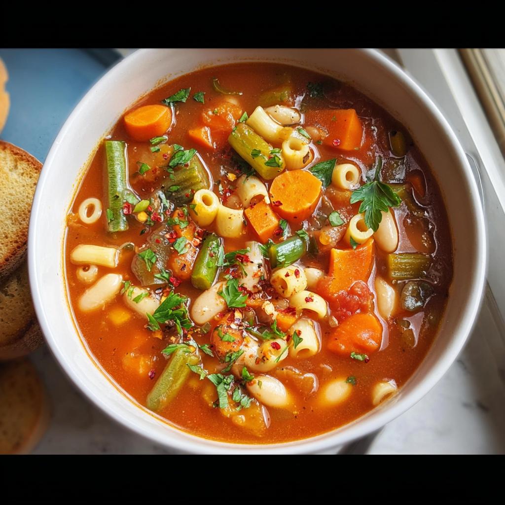 A close-up of a bowl filled with hearty vegetable soup, featuring pasta, beans, carrots, and green beans, perfect for budget friendly dinners.