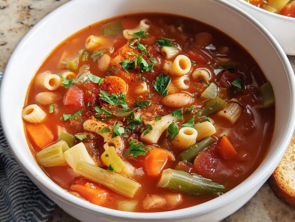 A hearty bowl of budget friendly minestrone soup filled with vegetables, pasta, and beans, garnished with parsley.