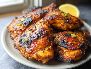 A plate of delicious Cajun Chicken Thighs With Charred Edges, garnished with green onions and a lemon wedge.