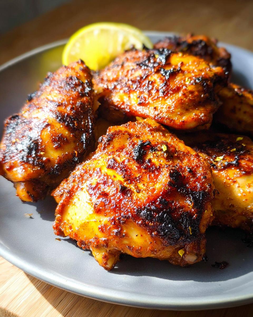 A close-up of delicious Cajun chicken thighs with charred edges, served on a gray plate with a lemon wedge.
