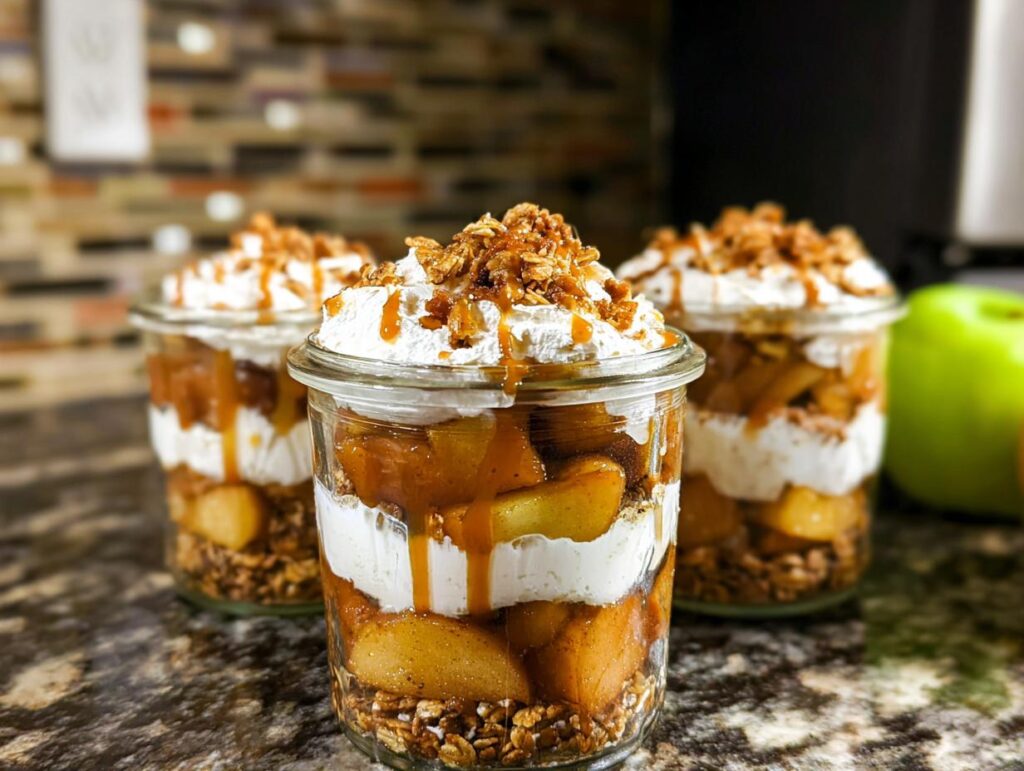 Close-up of three individual Caramel Apple Trifle Layers in glass jars, topped with whipped cream and caramel drizzle.