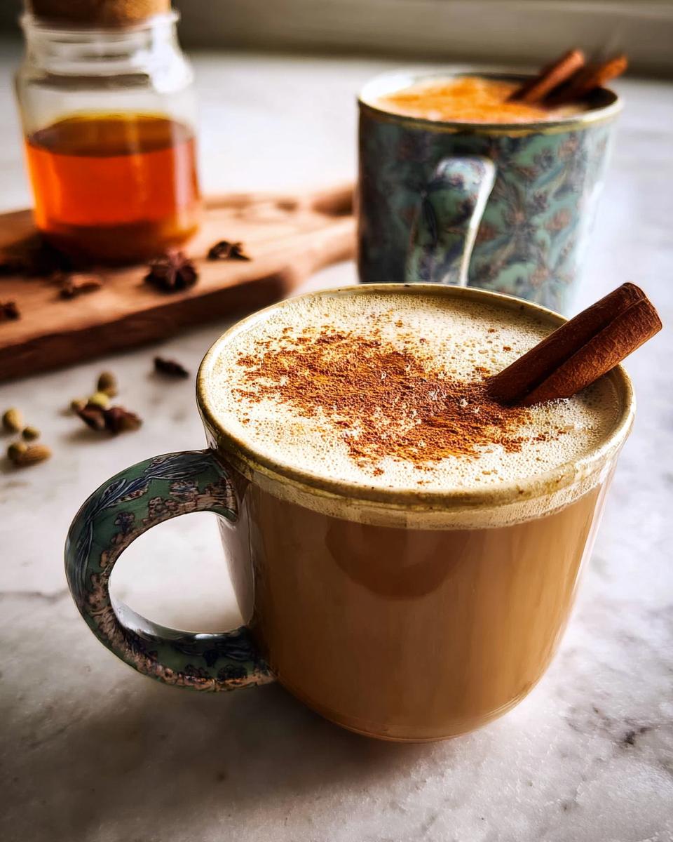 Close-up of a Chai Tea Latte With Warming Spices, topped with cinnamon powder and a cinnamon stick.