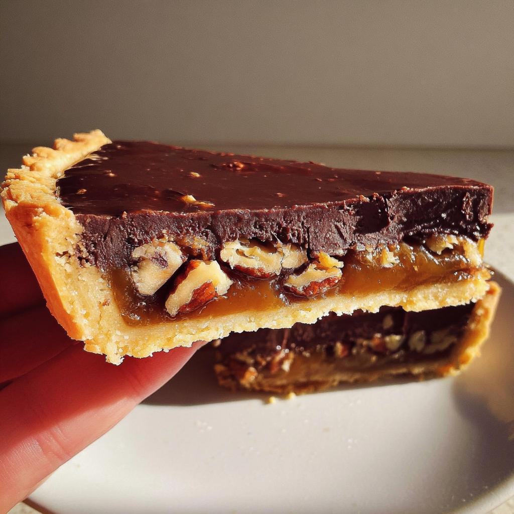 A slice of chocolate tart with toasted pecans, showing layers of chocolate ganache, caramel, and pecans in a crisp tart shell.