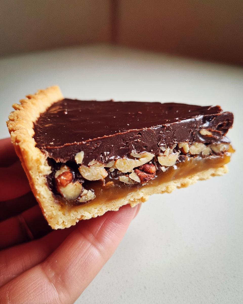 A slice of Chocolate Tart With Toasted Pecans held in a hand, showing layers of crust, caramel, pecans, and chocolate ganache.