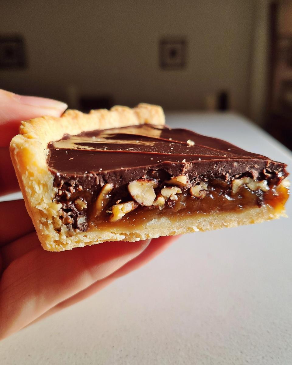 A slice of Chocolate Tart With Toasted Pecans held in a hand, showing the rich chocolate ganache and pecan filling.