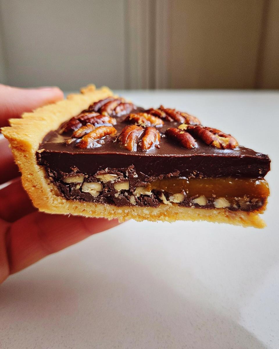 A slice of chocolate tart with toasted pecans, showing layers of chocolate ganache, caramel, and chopped nuts.