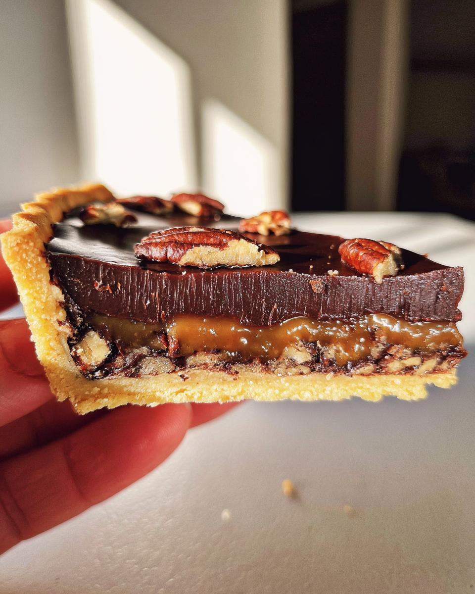 A slice of Chocolate Tart With Toasted Pecans, showing layers of chocolate ganache, caramel, and nuts in a crisp pastry crust.