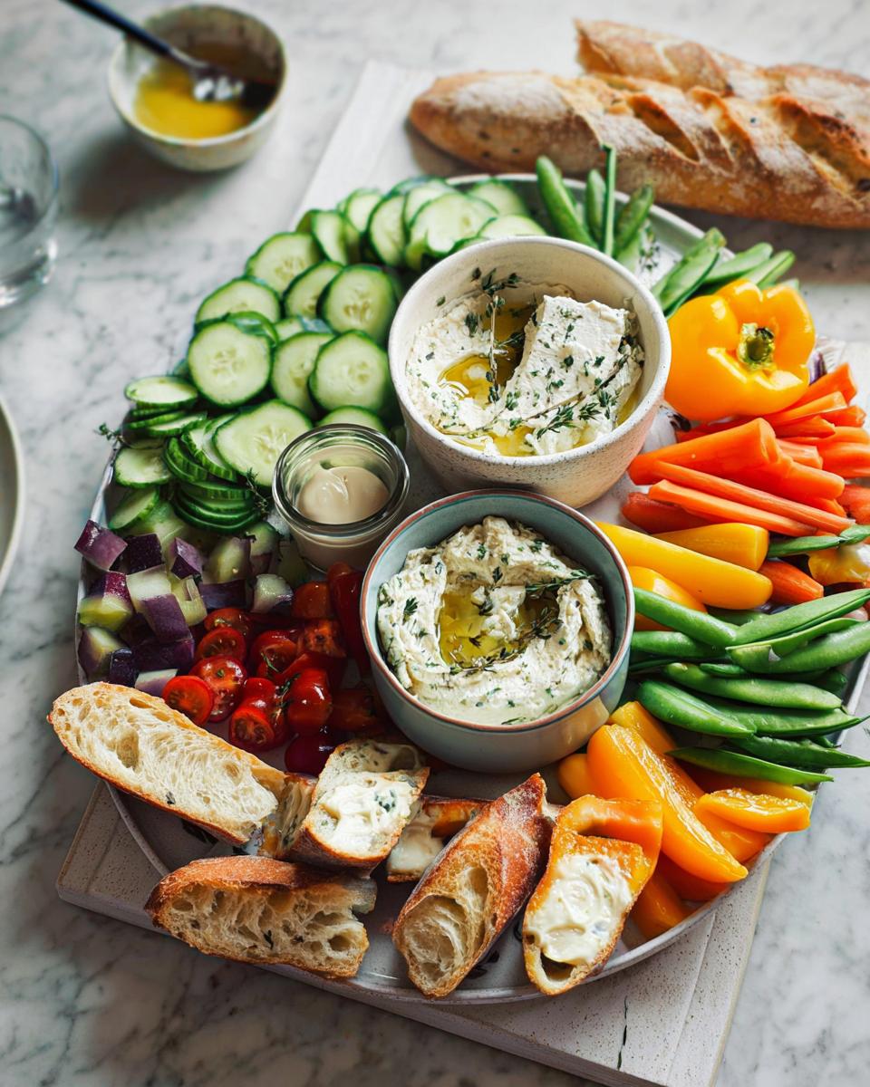 A vibrant and Colorful Crudités platter featuring an assortment of fresh vegetables, dips, and bread for Thanksgiving.