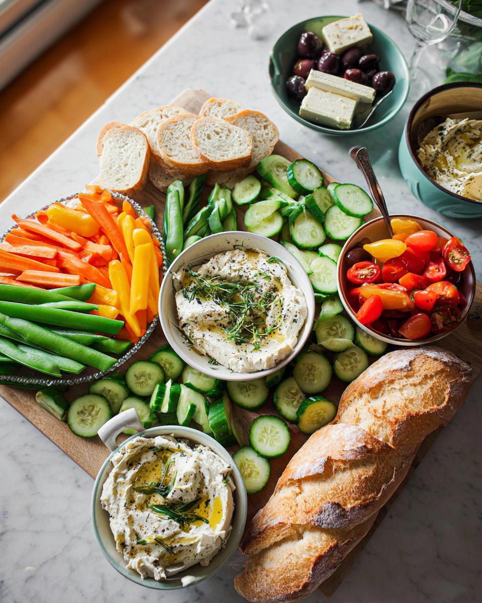 A vibrant and colorful crudités platter featuring a variety of fresh vegetables, dips, olives, and bread, perfect for a Thanksgiving table.