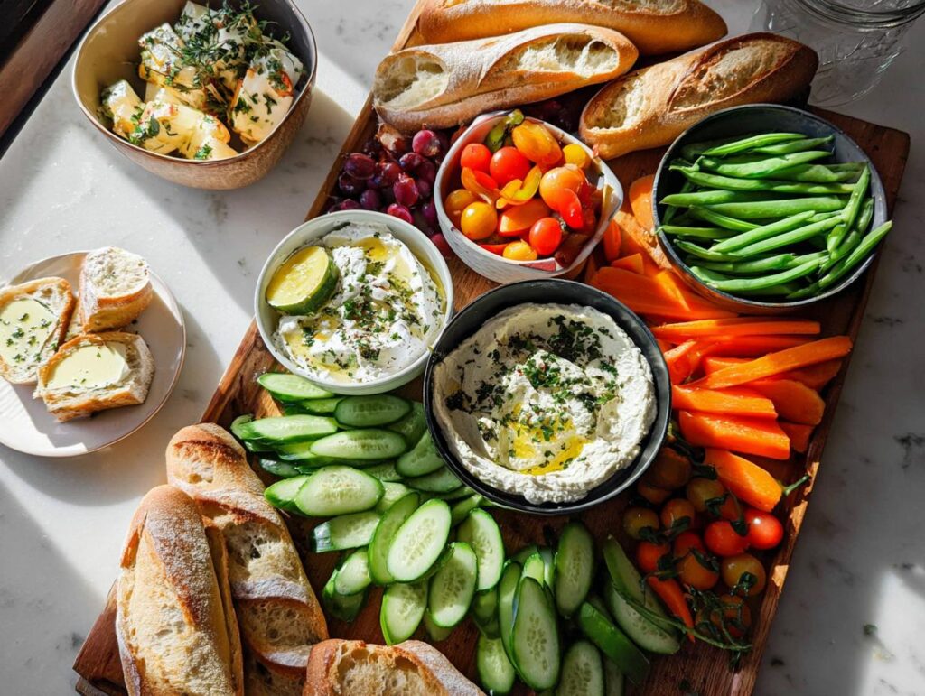 A vibrant and colorful crudités platter featuring fresh vegetables, dips, and bread, perfect for a Thanksgiving table.