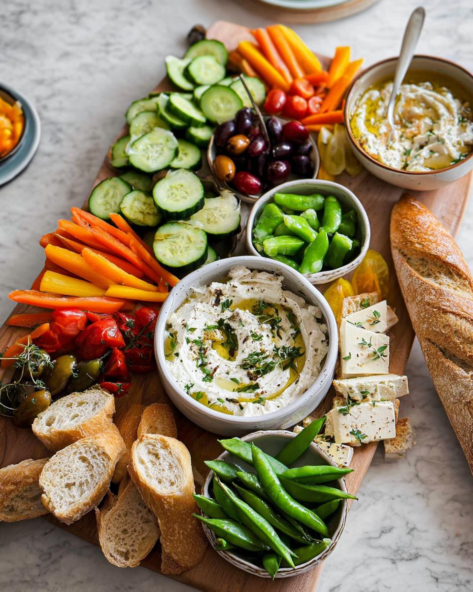A vibrant and colorful crudités platter for Thanksgiving, featuring an assortment of fresh vegetables, dips, cheese, and bread.