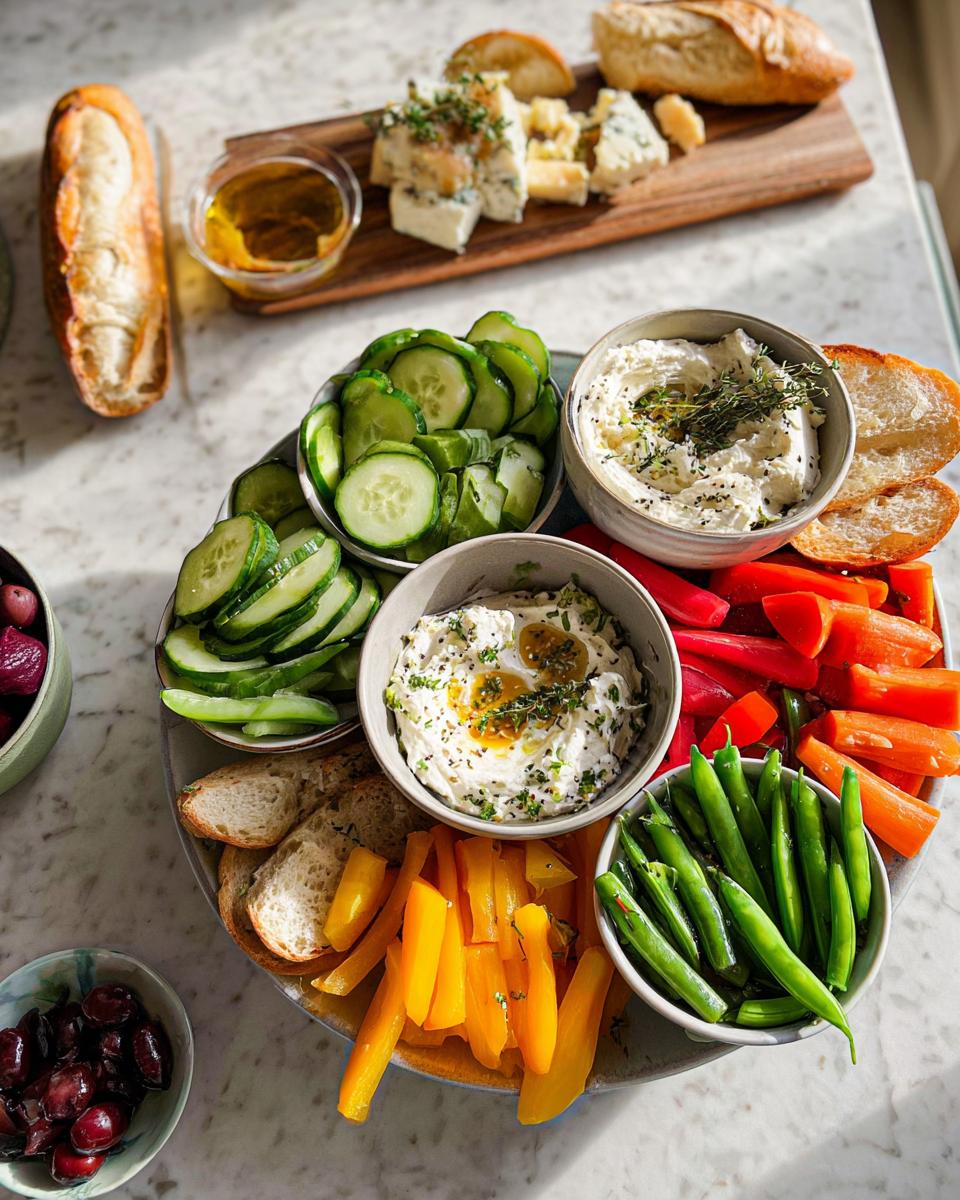 A vibrant and colorful crudités platter perfect for a Thanksgiving table, featuring various fresh vegetables, dips, and bread.