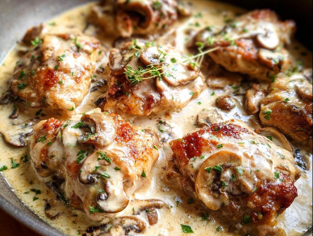 Close-up of juicy Creamy Mushroom Chicken Thighs simmering in a rich, creamy sauce with sliced mushrooms and fresh parsley.