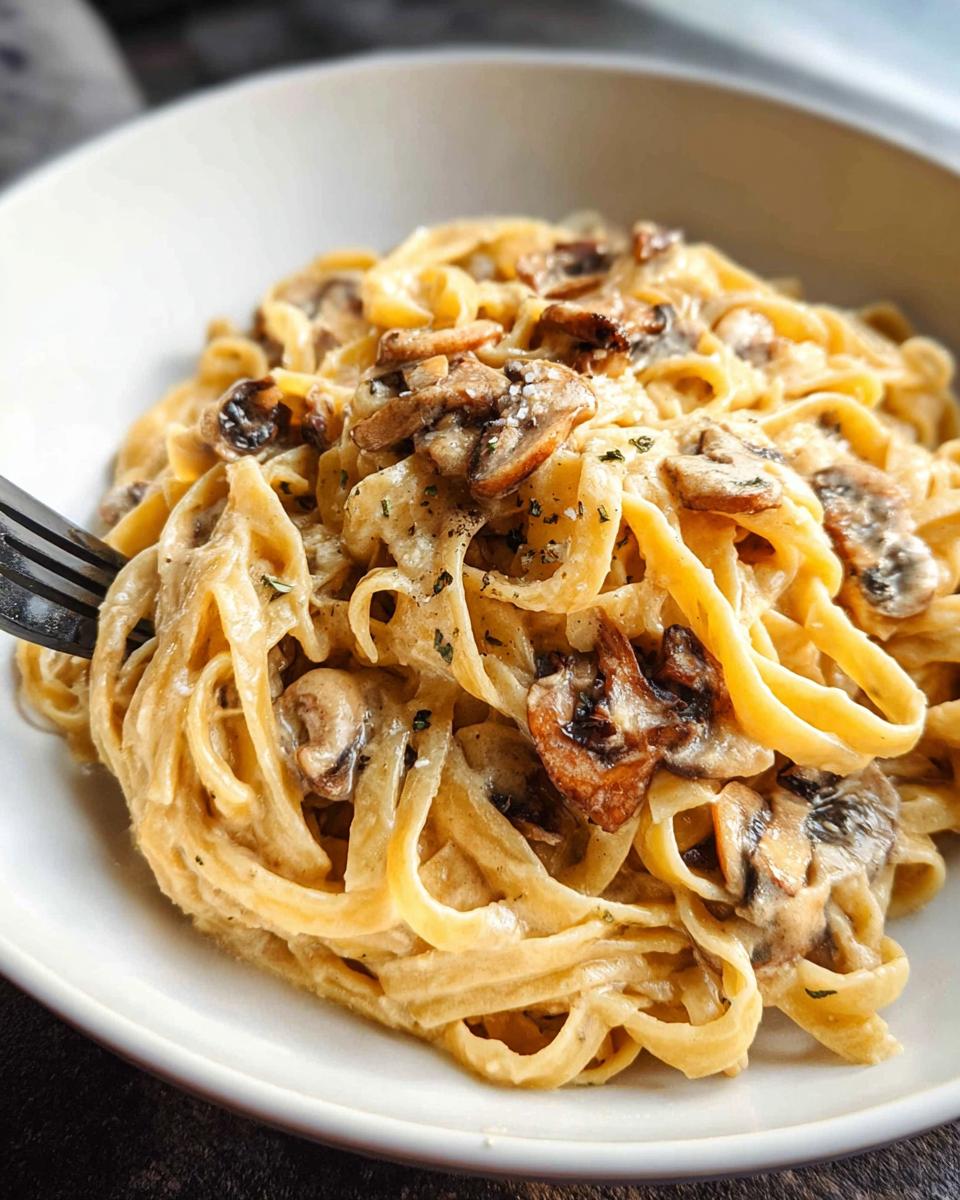 Close-up of creamy fettuccine pasta with sautéed mushrooms, perfect for Creamy Pasta Nights.