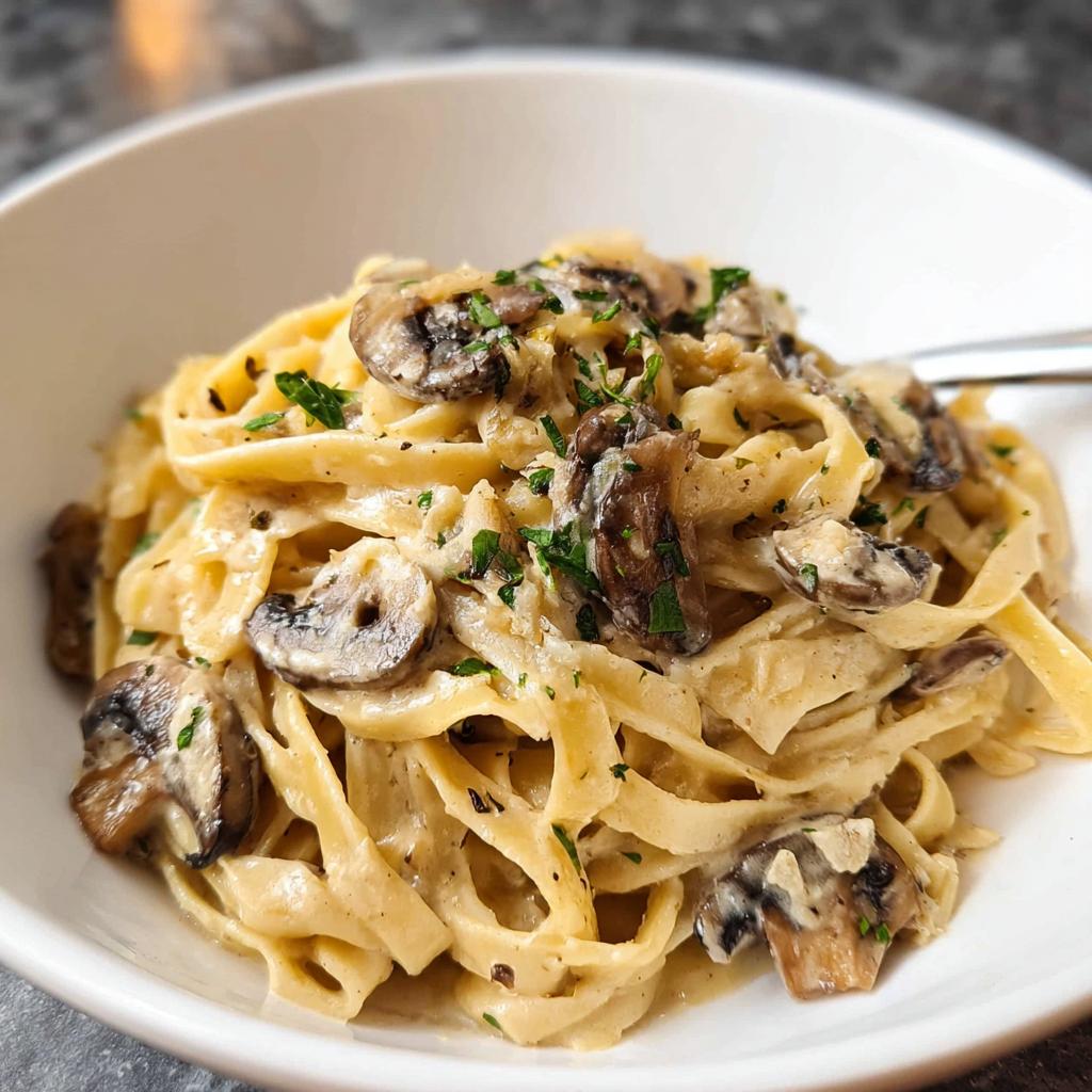 A bowl of creamy fettuccine pasta with sautéed mushrooms and fresh parsley, perfect for Creamy Pasta Nights.