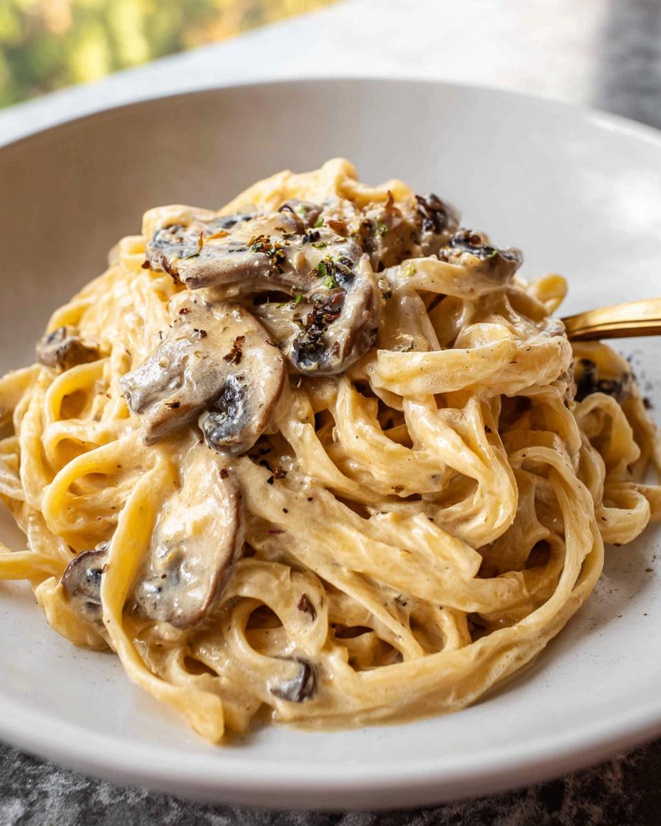 A close-up of creamy fettuccine pasta with sautéed mushrooms and herbs, perfect for Creamy Pasta Nights.