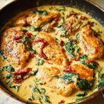 Close-up of pan-seared chicken breasts in a rich, creamy sauce with spinach and sun-dried tomatoes.