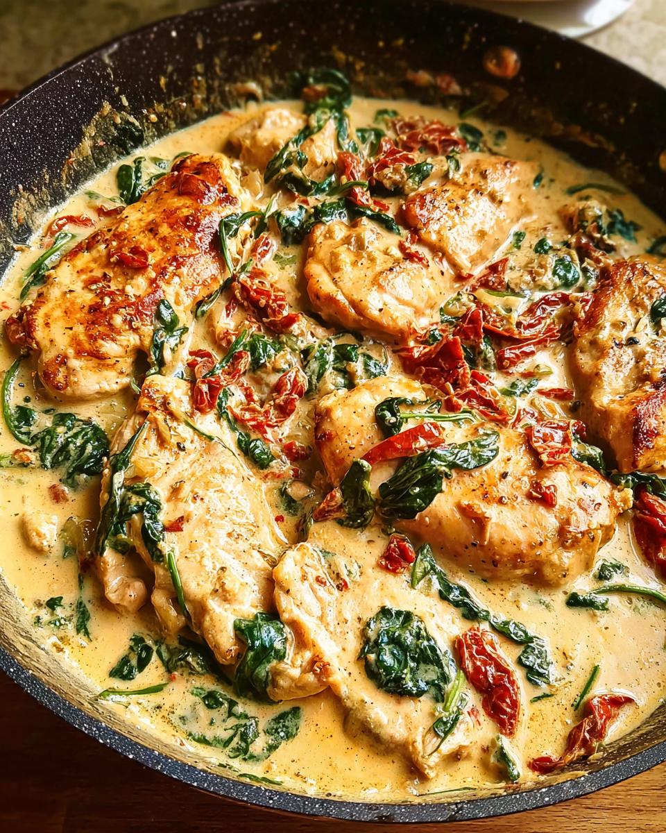 Close-up of Creamy Tuscan Chicken In One Pan, featuring golden-brown chicken breasts in a rich, creamy sauce with spinach and sun-dried tomatoes.