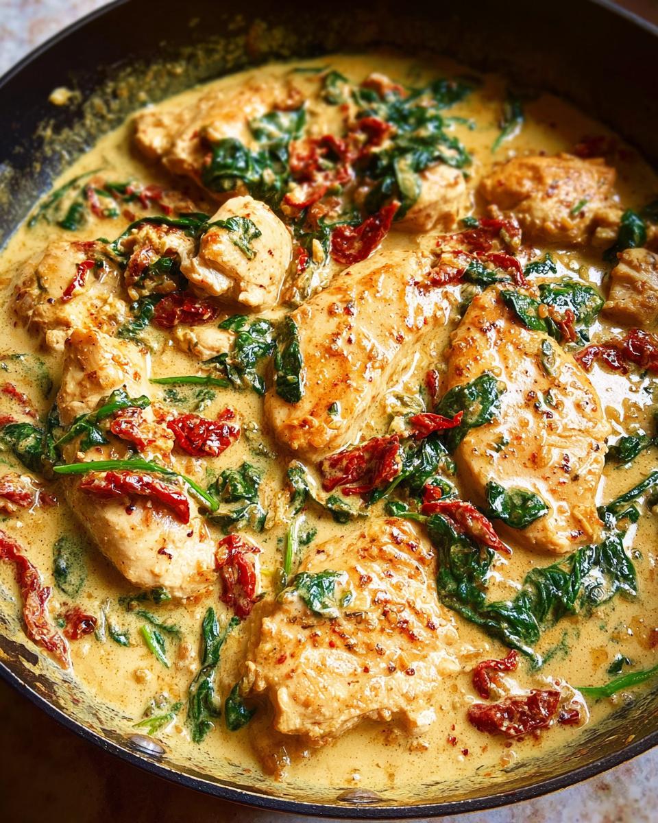 Close-up of Creamy Tuscan Chicken In One Pan with sun-dried tomatoes and spinach in a rich sauce.