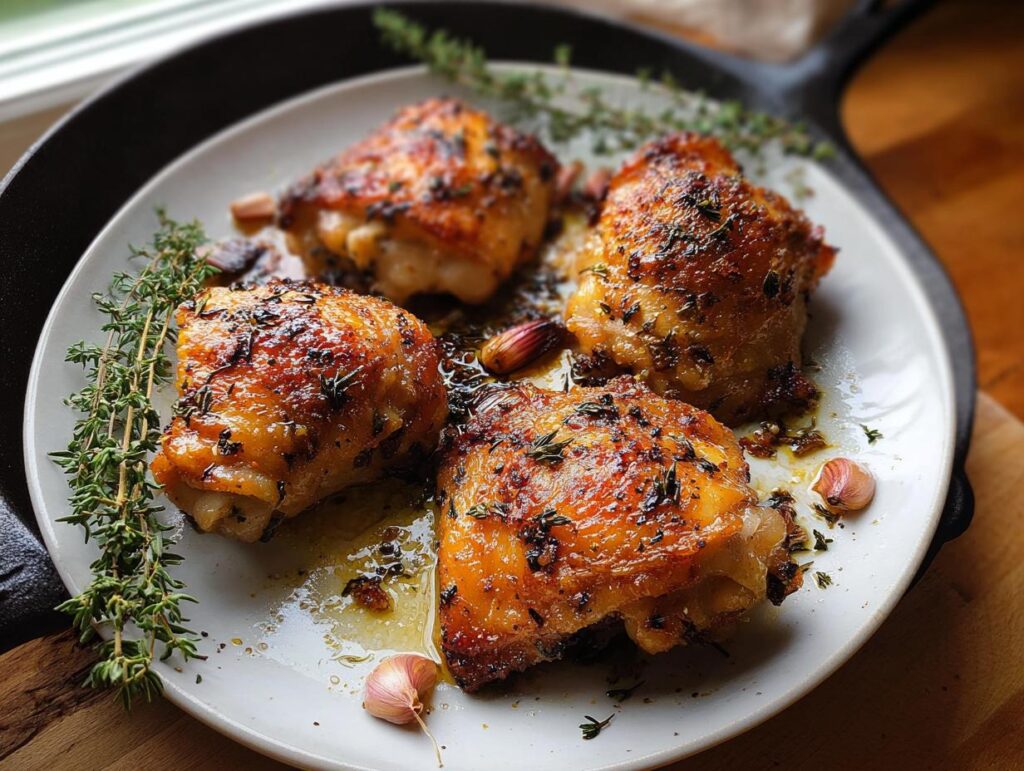 Four perfectly Crispy Baked Chicken Thighs With Herbs served on a plate with garlic and thyme sprigs.
