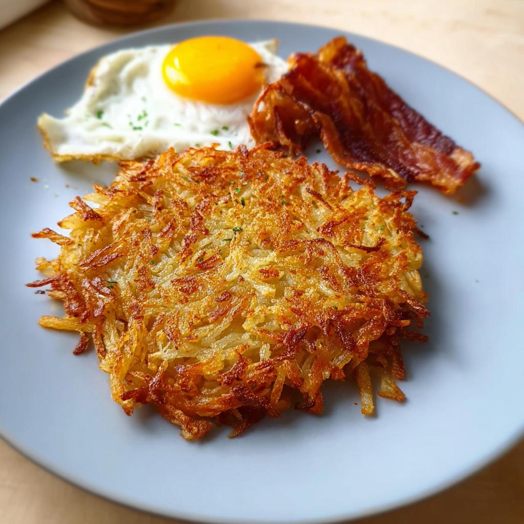 A perfectly golden and crispy hash brown patty served with a fried egg and bacon.