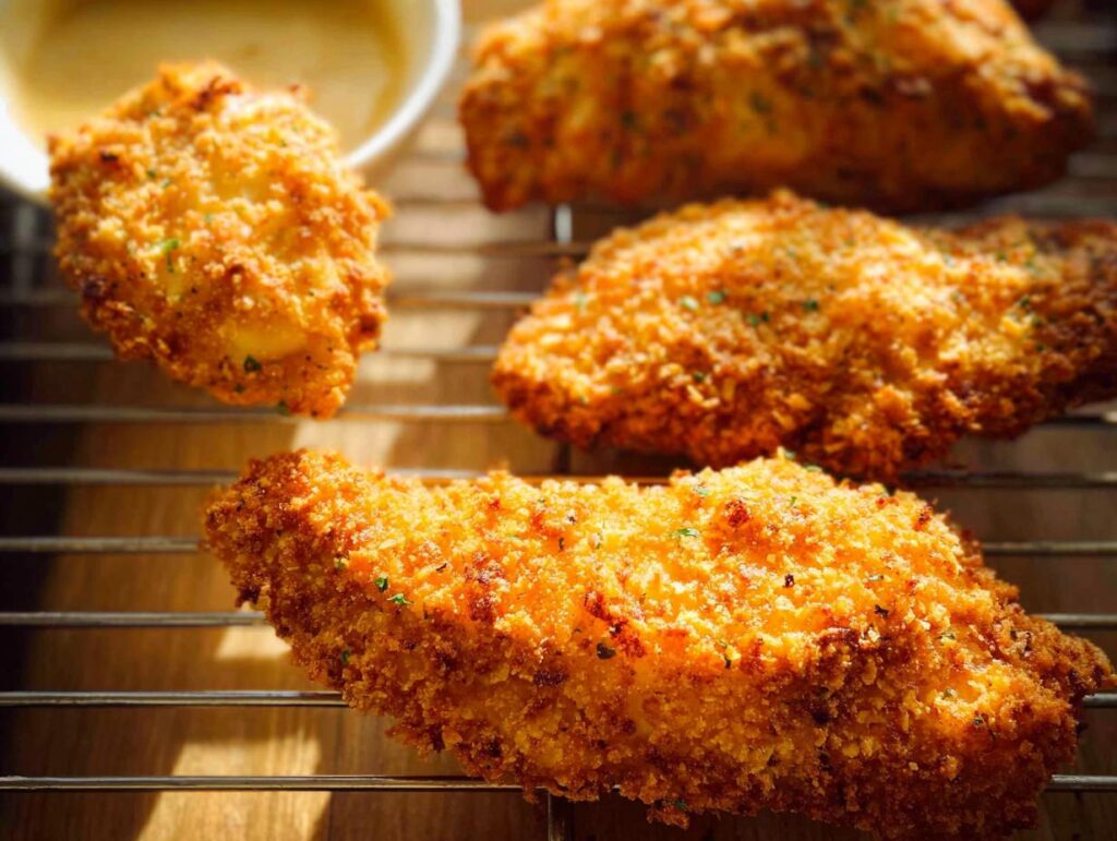 Golden brown Crispy Oven Chicken with a crunchy coating, resting on a wire rack.