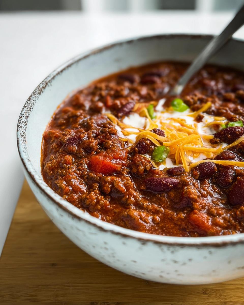 A close-up of a bowl of hearty chili, topped with shredded cheese, sour cream, and green onions. A crowd pleasing dinner kids approve.
