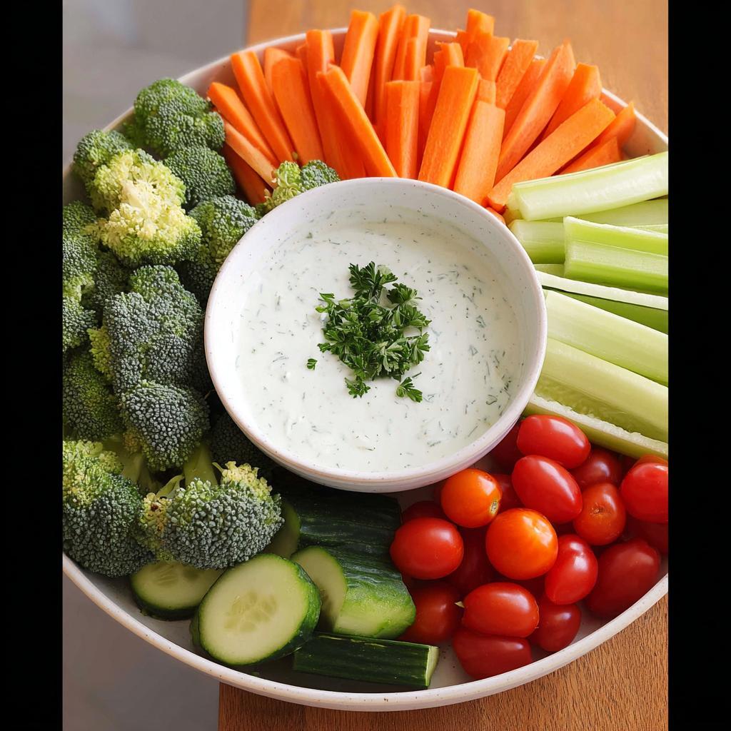 A vibrant and refreshing Easy Veggie Tray For Family Gatherings featuring broccoli florets, carrot sticks, celery, cucumber slices, and cherry tomatoes surrounding a bowl of dip.