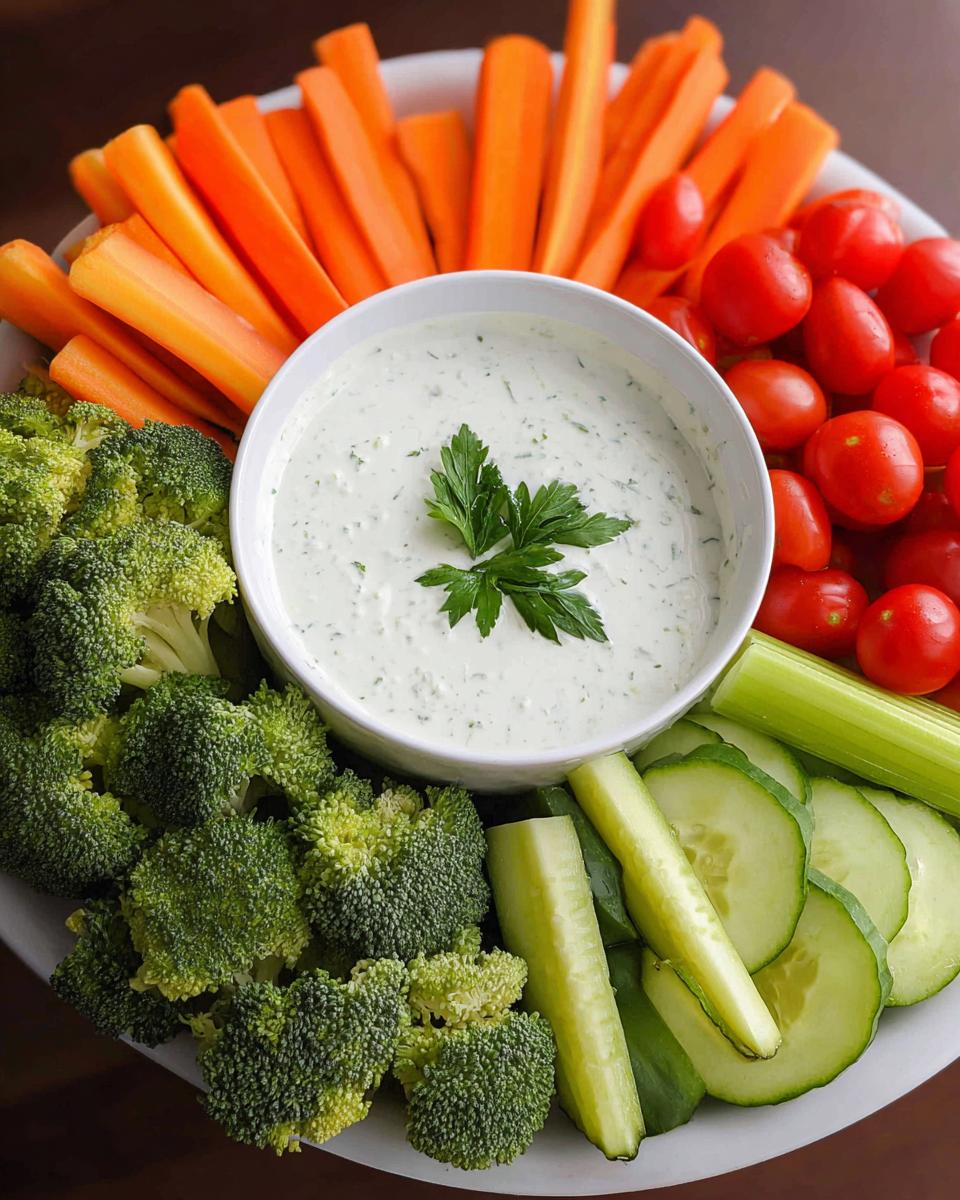 A colorful and fresh Easy Veggie Tray For Family Gatherings featuring broccoli, carrots, cherry tomatoes, cucumber slices, and celery with a creamy dip.