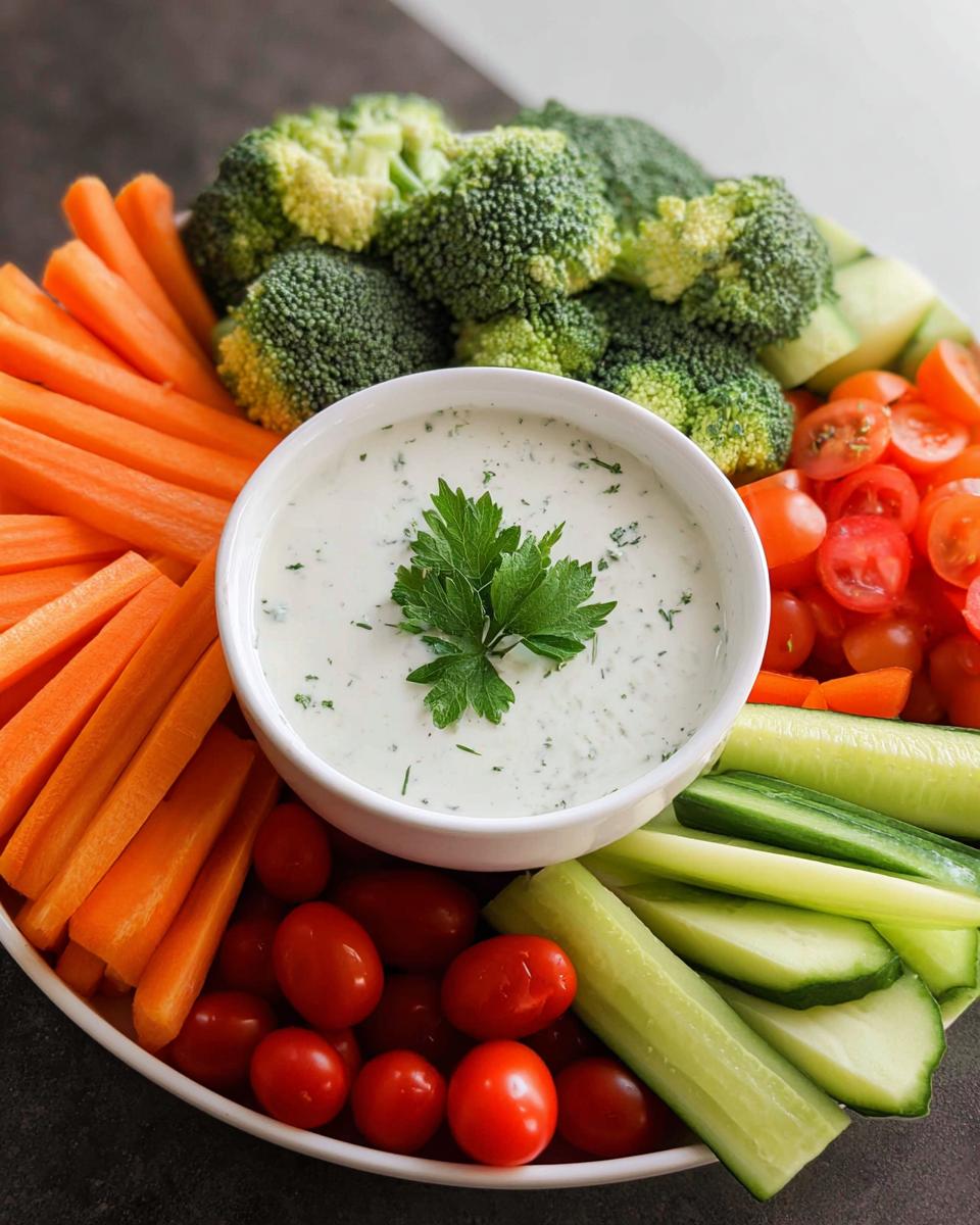 A colorful and fresh Easy Veggie Tray For Family Gatherings featuring carrot sticks, broccoli florets, cucumber slices, and cherry tomatoes with a creamy dip.