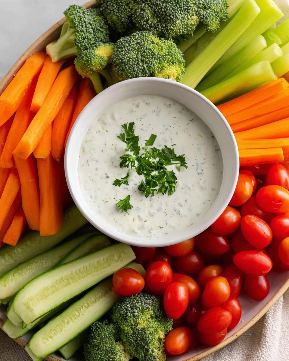 An Easy Veggie Tray For Family Gatherings featuring broccoli, carrots, celery, cucumbers, and cherry tomatoes surrounding a bowl of dip.