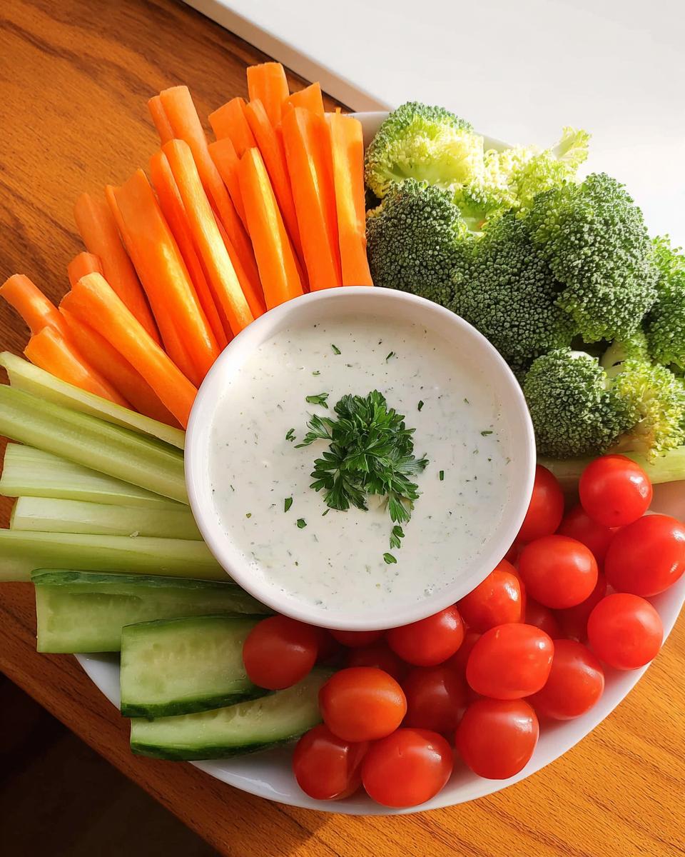 An easy veggie tray for family gatherings featuring carrots, celery, cucumber, broccoli, cherry tomatoes, and dip.