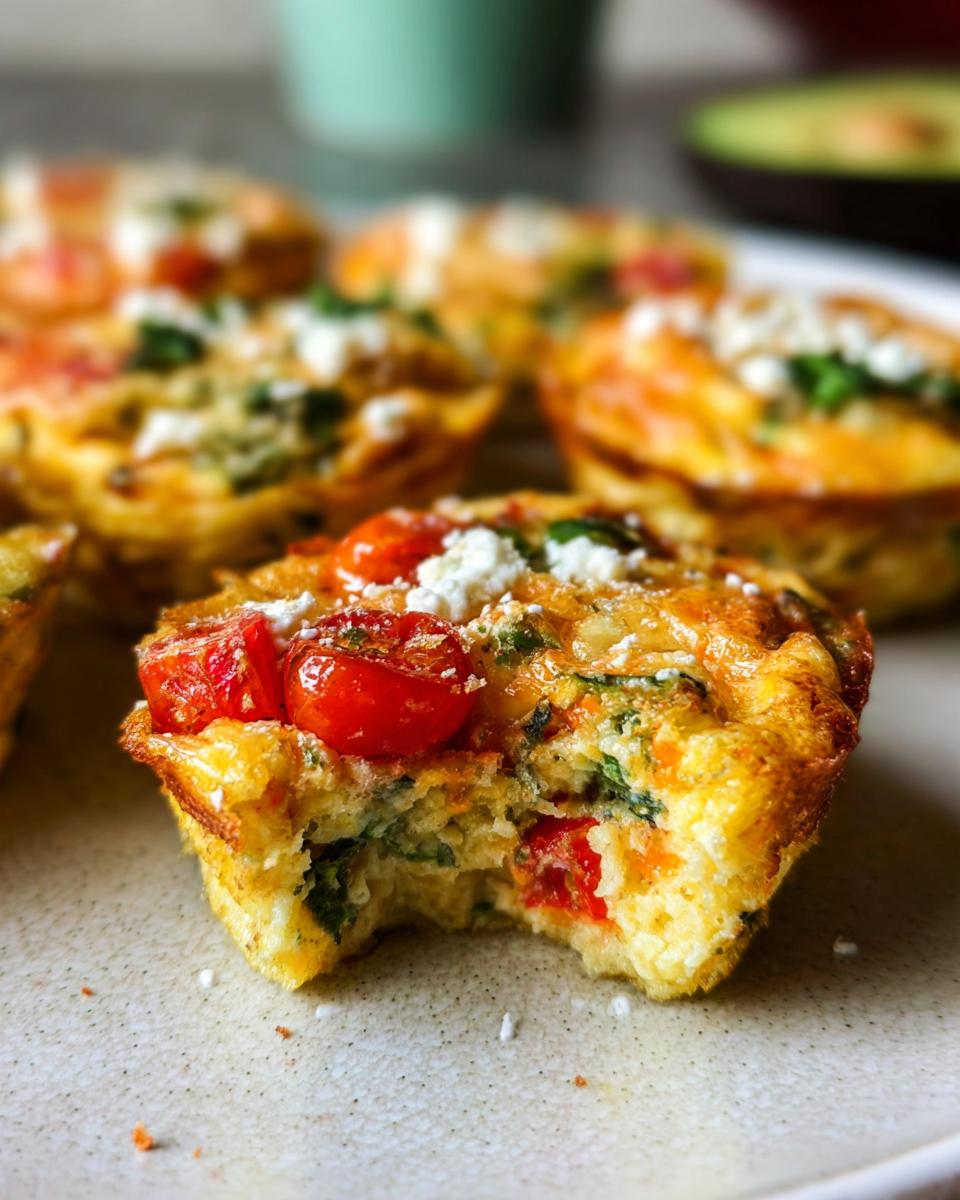 A close-up of a delicious Egg Muffin Packed With Veggies, with a bite taken out, showing cherry tomatoes, spinach, and feta cheese.