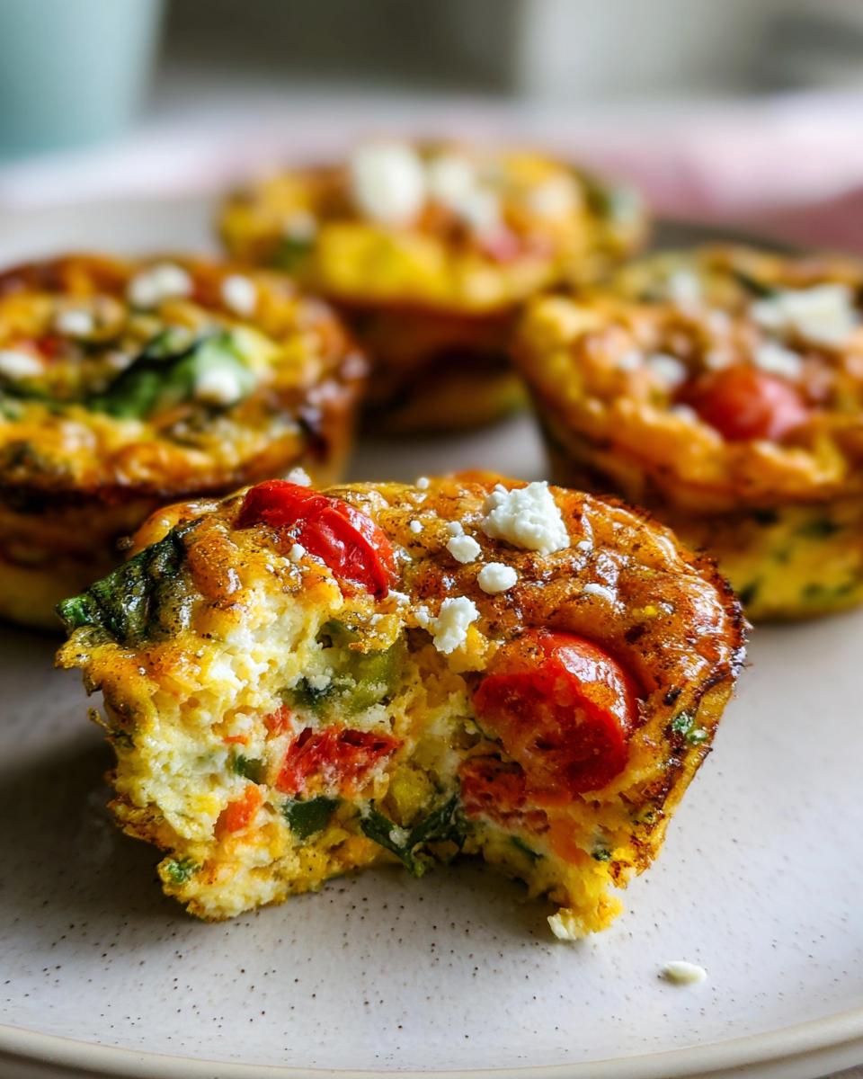 A close-up of a delicious Egg Muffin Packed With Veggies, showing a bite taken out, revealing colorful vegetables and crumbled feta cheese.