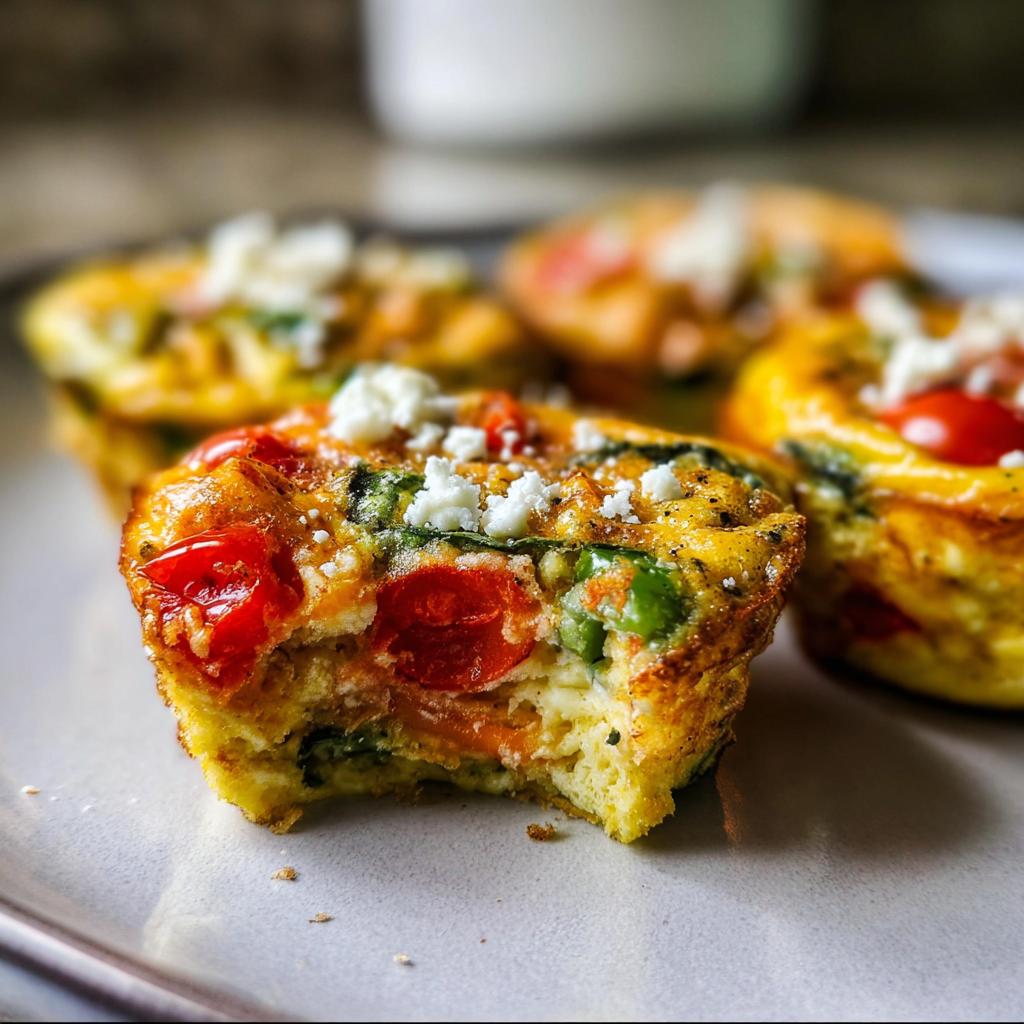 Close-up of a bitten Egg Muffin Packed With Veggies, showing cherry tomatoes, spinach, and feta cheese.