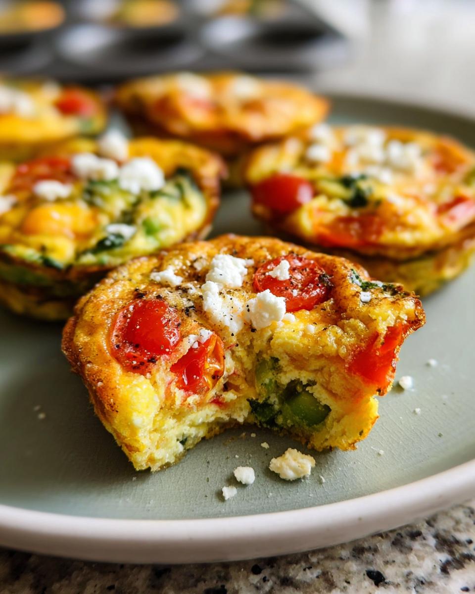 Close-up of a bite taken out of an Egg Muffin Packed With Veggies, topped with feta cheese and cherry tomatoes.