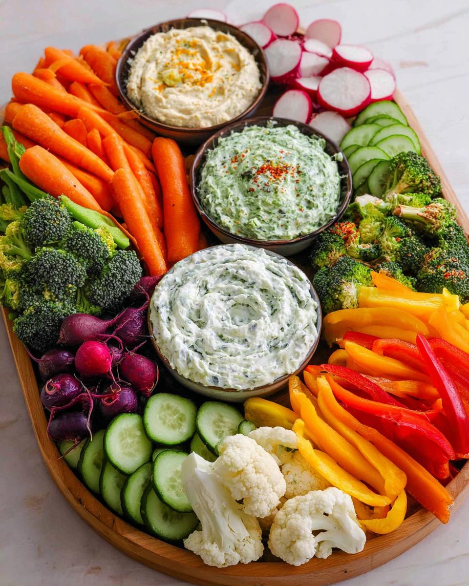 A colorful Festive Veggie Tray With Cozy Dips featuring an assortment of fresh vegetables and three different dips.