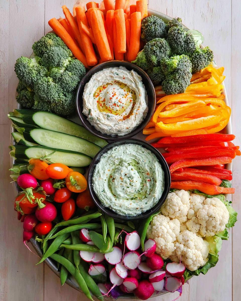 A colorful and festive veggie tray with two bowls of cozy dips, featuring an assortment of fresh vegetables.